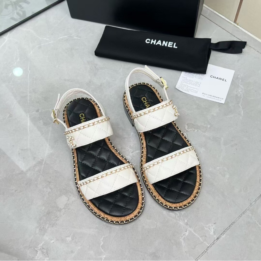 Chanel White Double Strap Sandals with Gold Chain Trim
